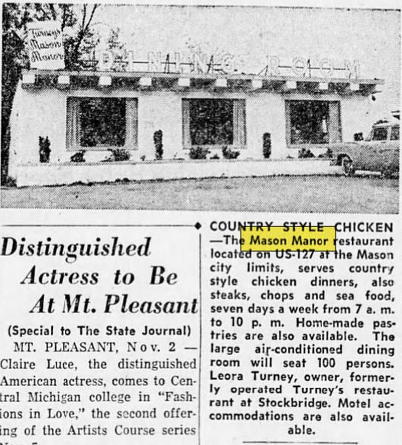 Mason Manor Motel (Turneys Dining Room) - Nov 1957 Article (newer photo)